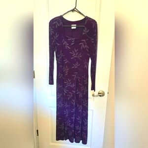 RabbitDesigns purple long dress with long sleeves, beaded leaf pattern.